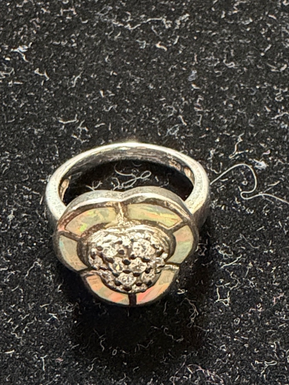 925 Silver Flower Cluster Ring with Inlaid Opal and CZs, size 5 1/2